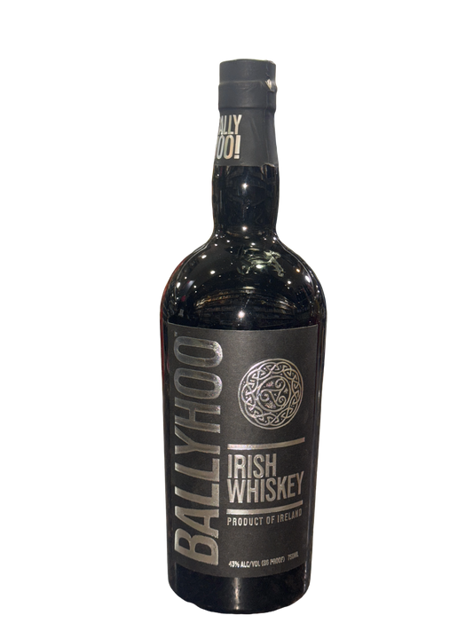 Bottle of Ballyhoo Irish Whiskey on a white background