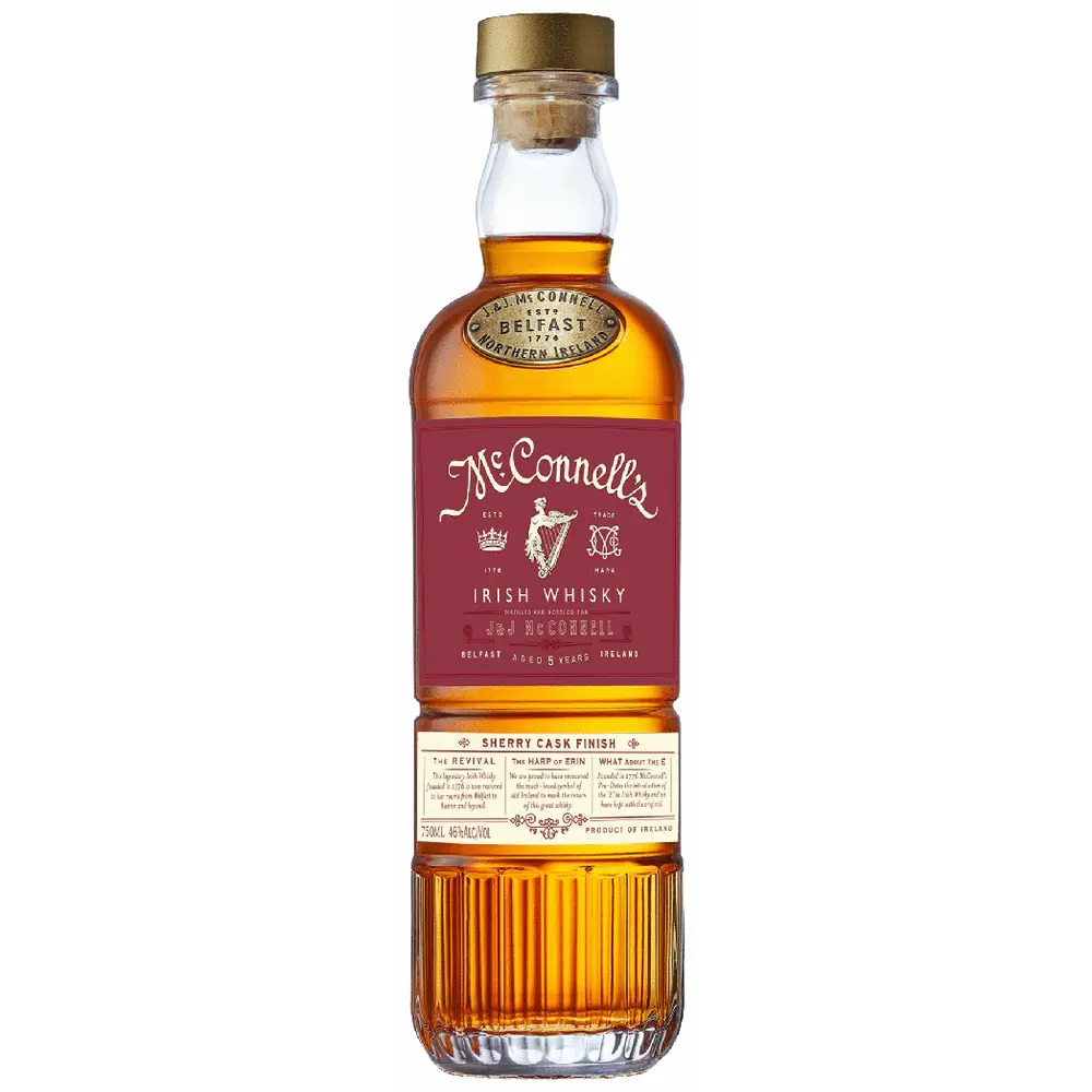 Bottle of McConnell's Irish Whisky on a white background