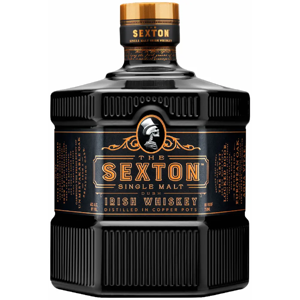 Bottle of Sexton Single Malt Irish Whiskey on a white background