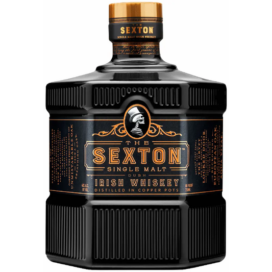 Bottle of Sexton Single Malt Irish Whiskey on a white background