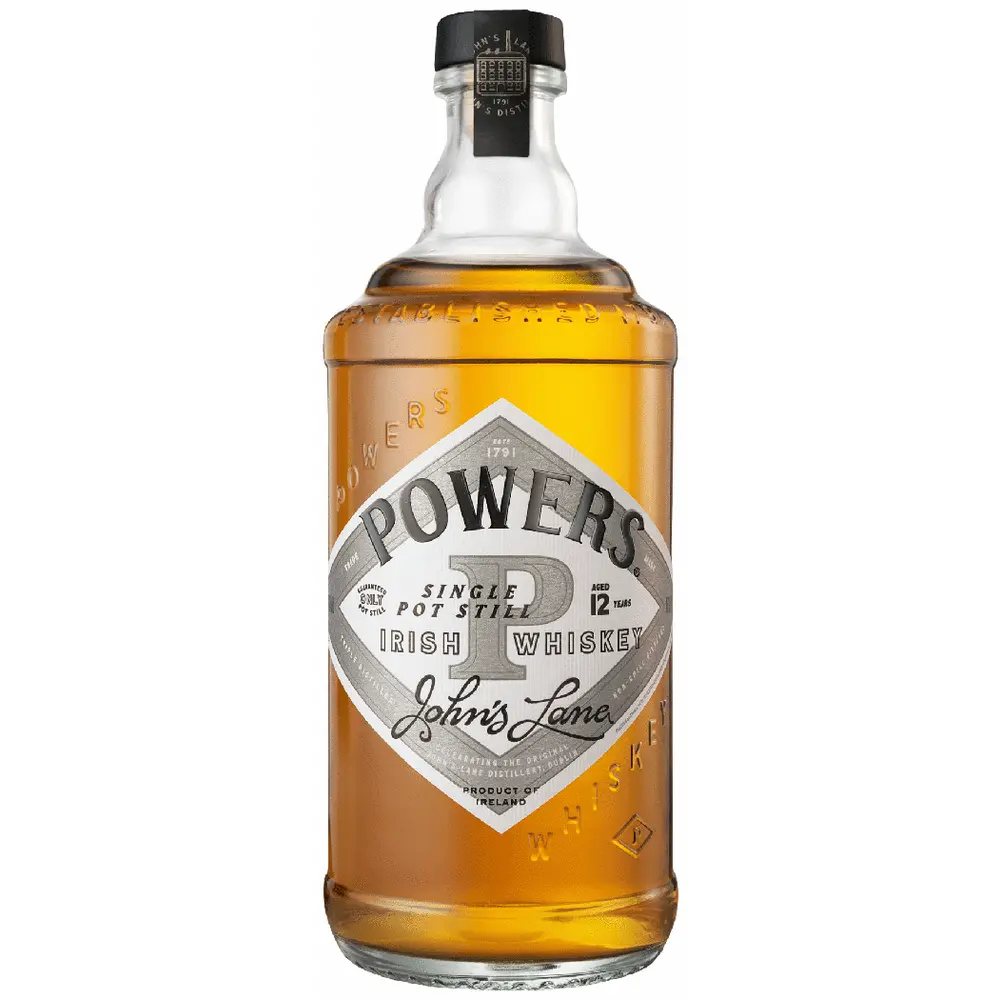 Bottle of Powers Irish Whiskey on a white background