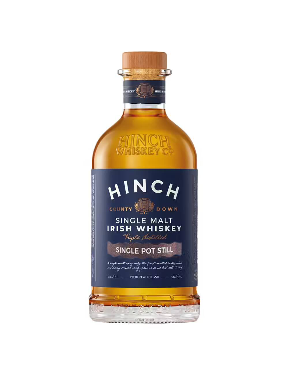 Bottle of Hinch Single Malt Irish Whiskey on a white background