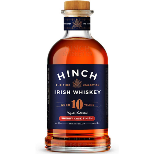 Bottle of Hinch Irish Whiskey with a blue label on a white background
