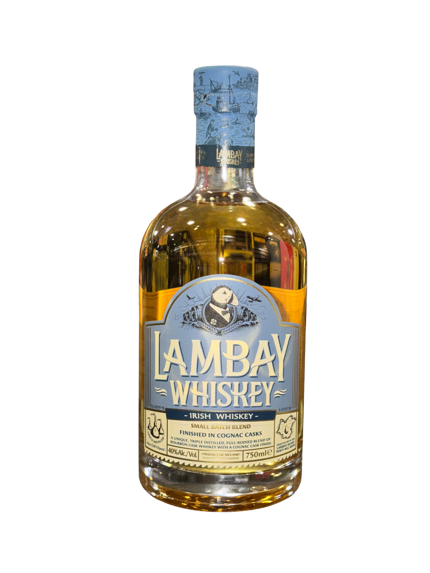 Bottle of Lambay Whiskey on a white background