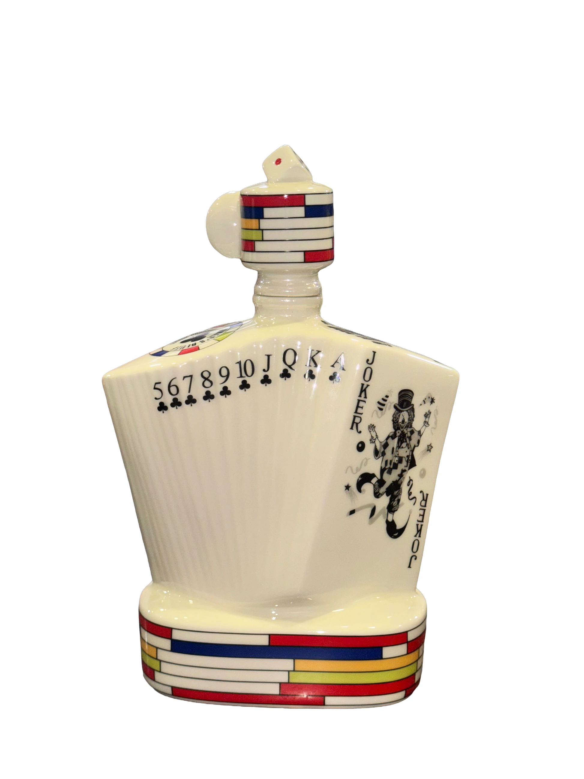 Decorative bottle with card suit design on a white background