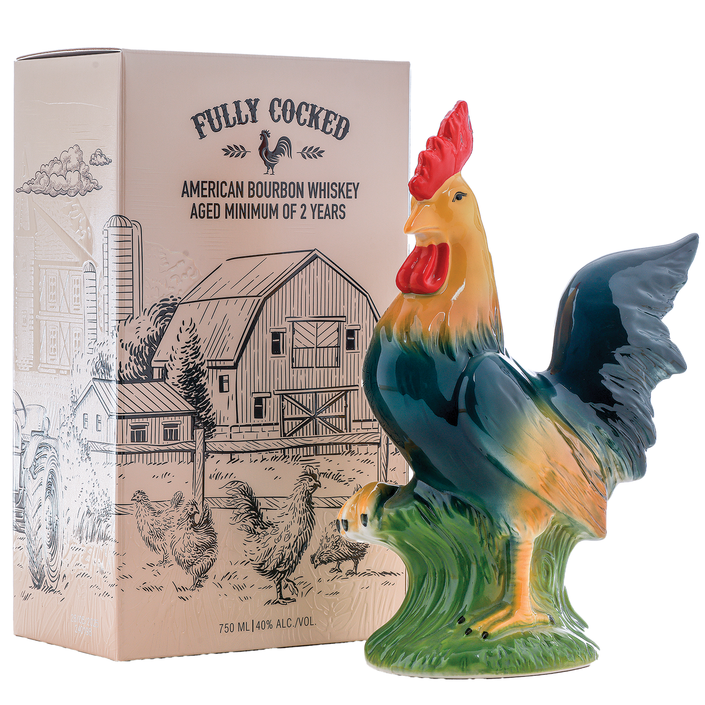 Colorful rooster figurine in front of a 'Fully Cocked' whiskey box with a barn illustration.