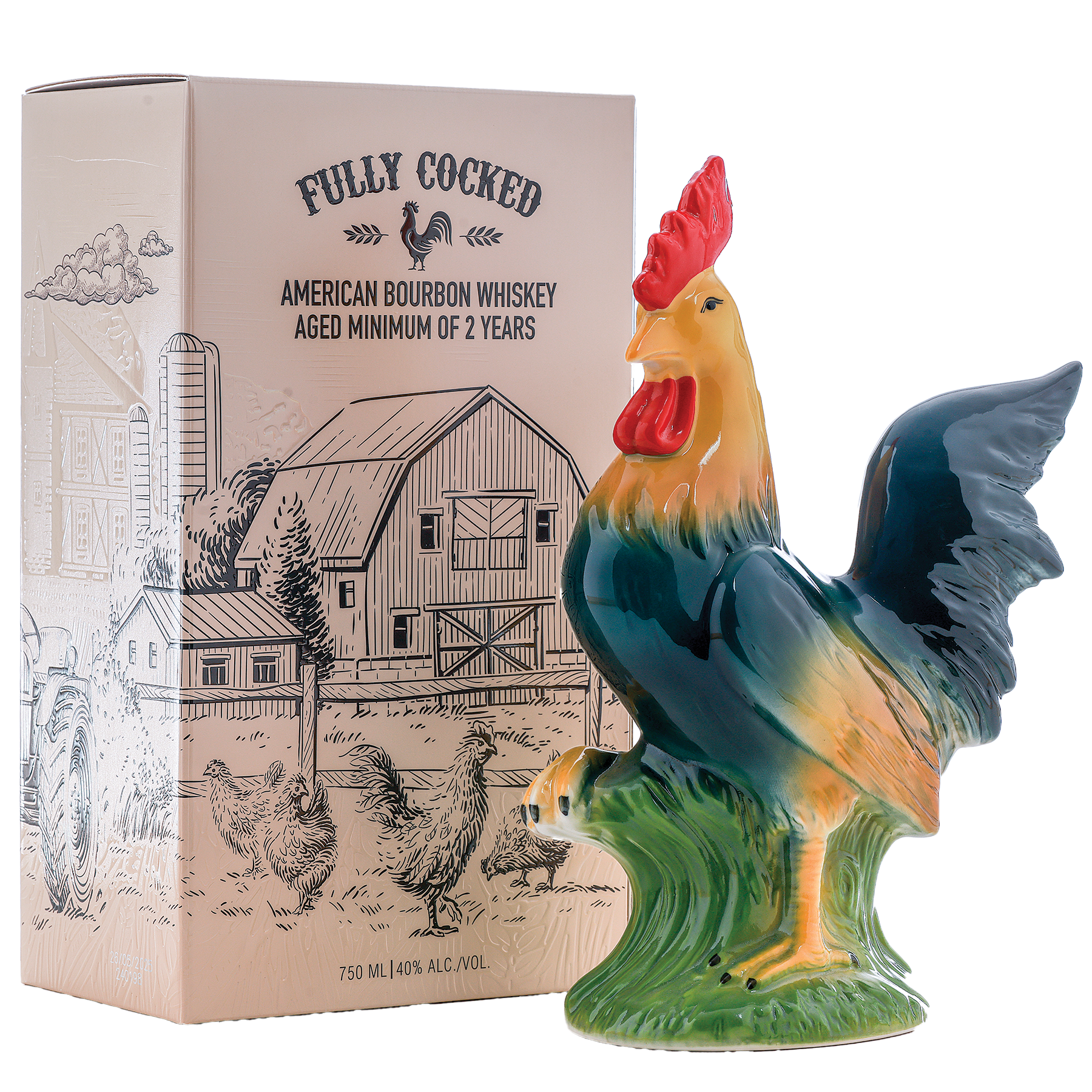 Colorful rooster figurine in front of a 'Fully Cocked' whiskey box with a barn illustration.