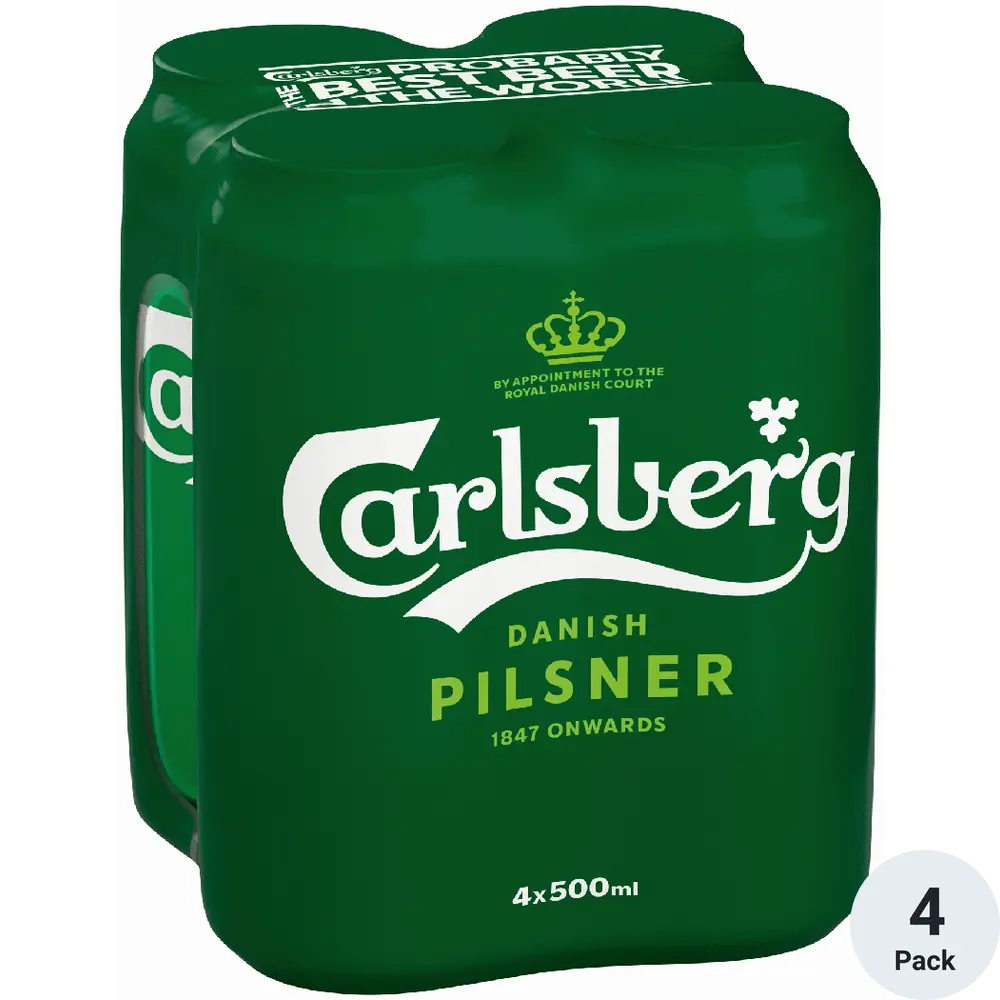 Carlsberg Danish Pilsner beer pack of four on a white background