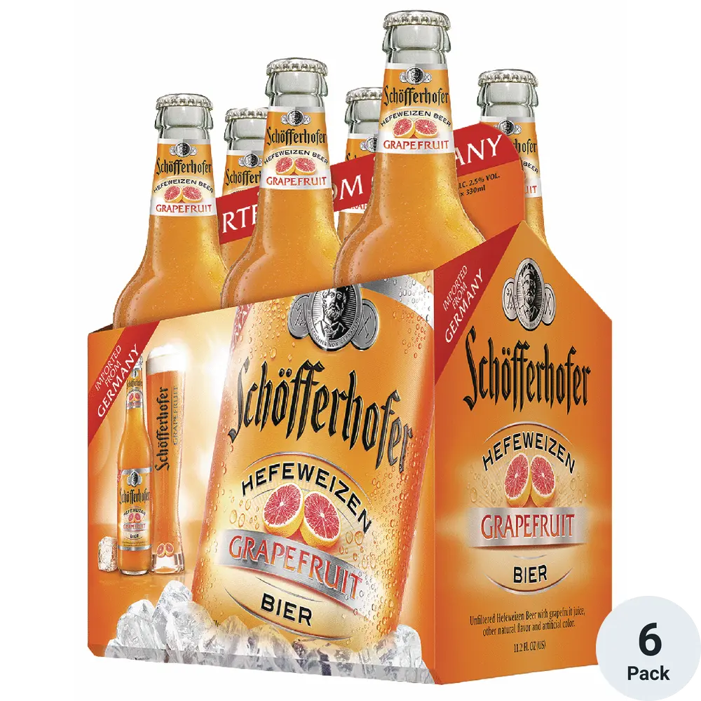 Schofferhofer Grapefruit beer bottles in a 6-pack packaging on a white background