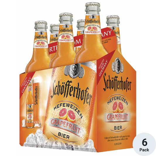 Schofferhofer Grapefruit beer bottles in a 6-pack packaging on a white background