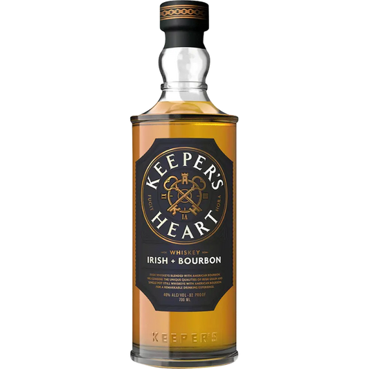 Bottle of Keeper's Heart whiskey and bourbon on a white background