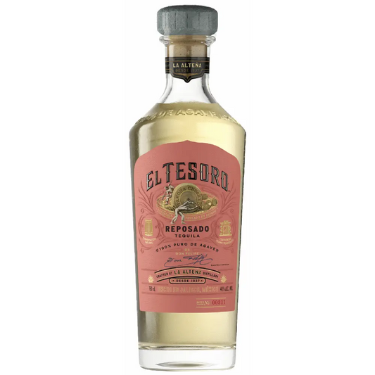 El Tesoro Reposado Tequila bottle with pink label on a white background