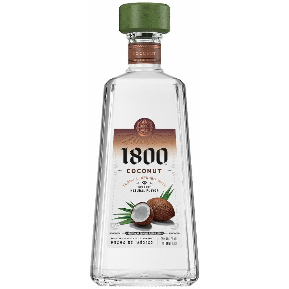 Bottle of 1800 Coconut tequila on a white background