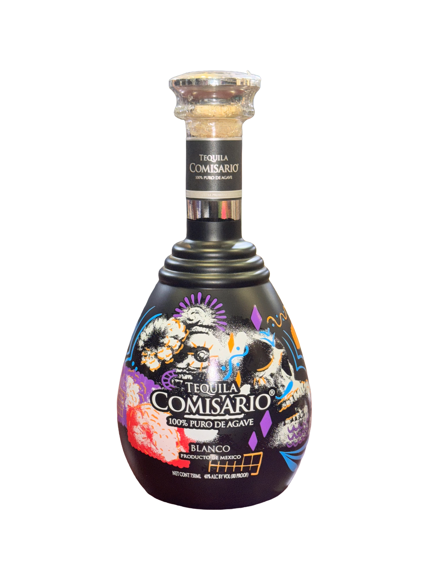 Tequila Comisario bottle with colorful label on a white background