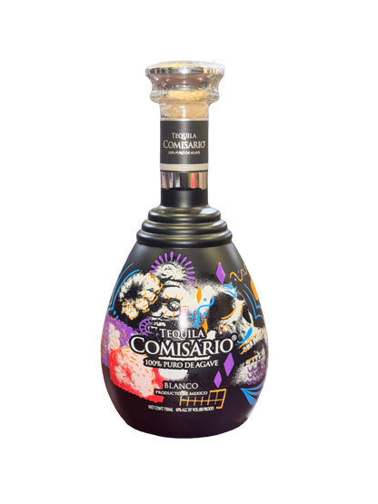 Tequila Comisario bottle with colorful label on a white background