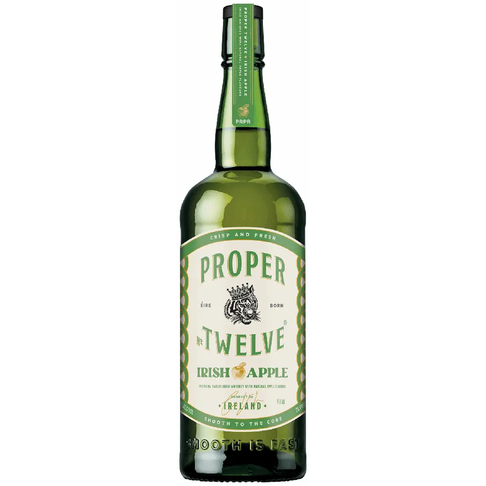 Bottle of Proper No. Twelve Irish Apple whiskey on a white background