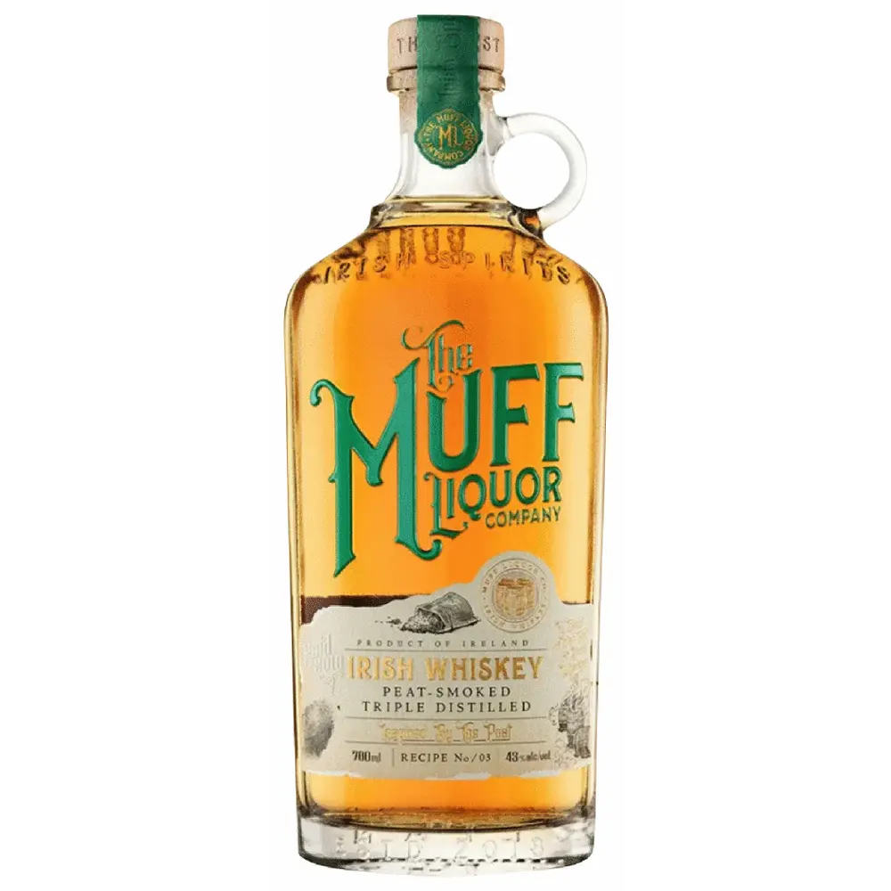 Bottle of Irish whiskey from The Muff Liquor Company on a white background