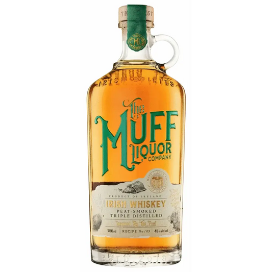 Bottle of Irish whiskey from The Muff Liquor Company on a white background