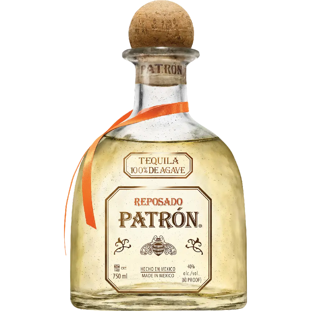 Patron Reposado tequila bottle with cork stopper on a white background