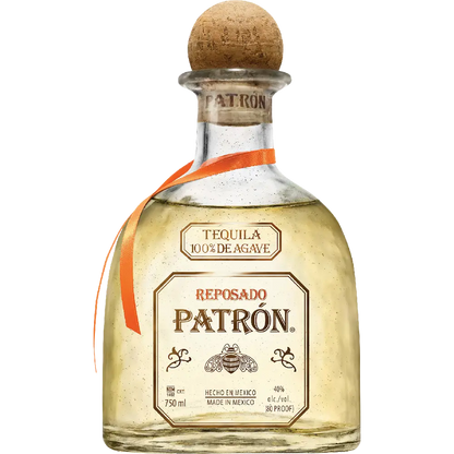 Patron Reposado tequila bottle with cork stopper on a white background