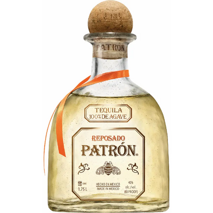 Patron Reposado tequila bottle with cork stopper on a white background