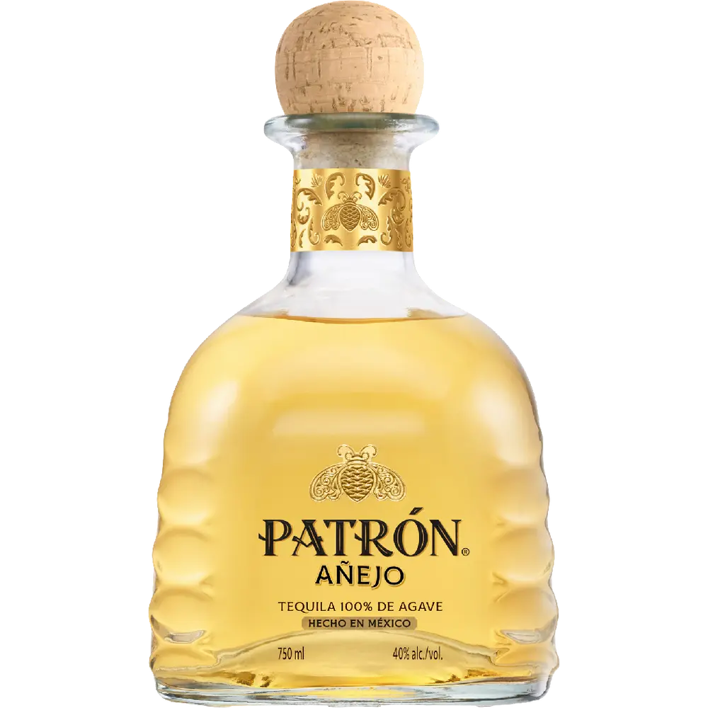 Patrón Añejo tequila bottle with cork stopper on a white background