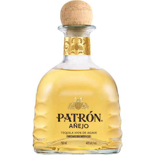 Patrón Añejo tequila bottle with cork stopper on a white background