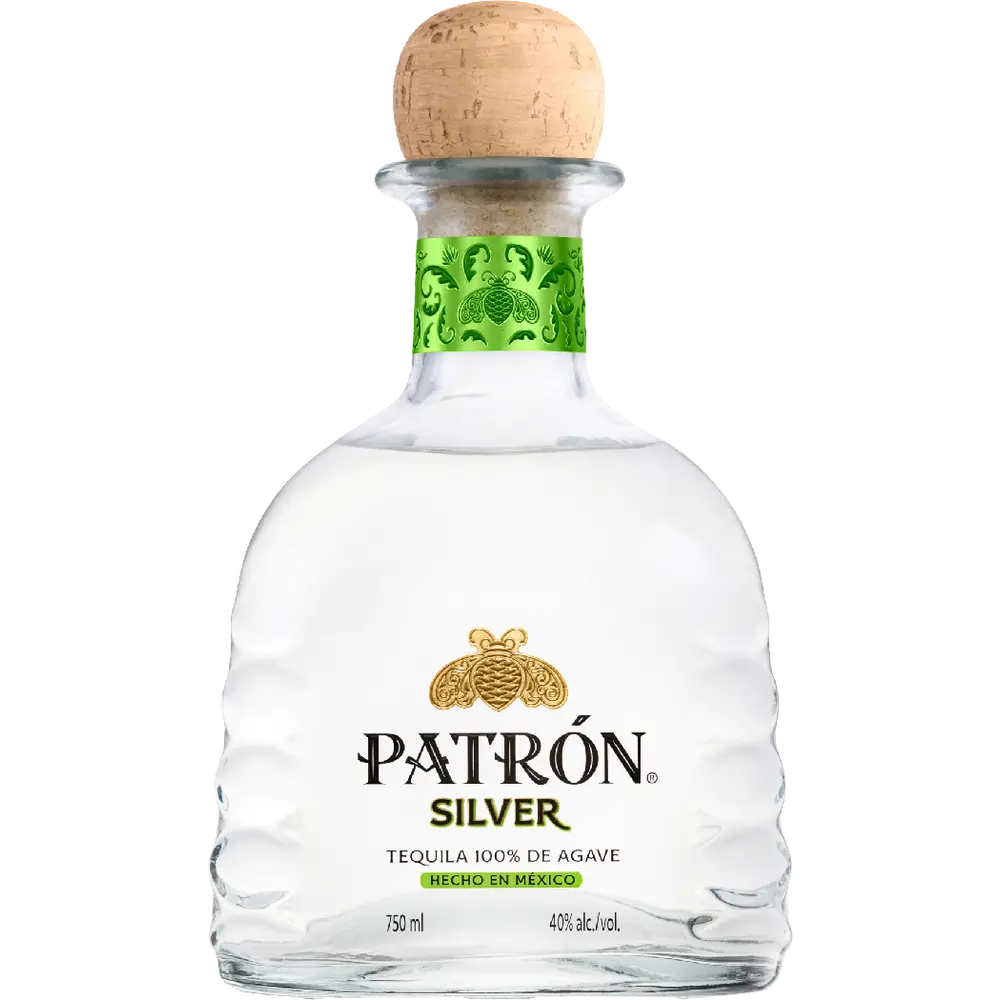 Patrón Silver tequila bottle with cork on a white background