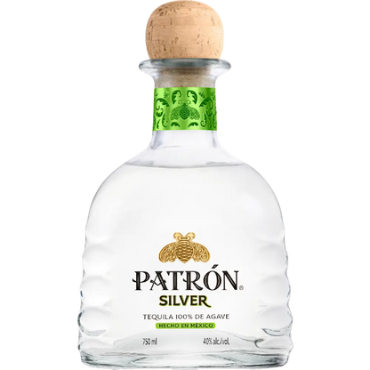 Patrón Silver tequila bottle with cork on a white background