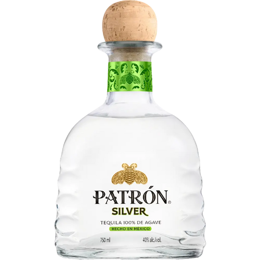 Patrón Silver tequila bottle with cork on a white background