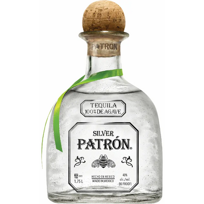 Patron Silver tequila bottle with cork stopper on a white background