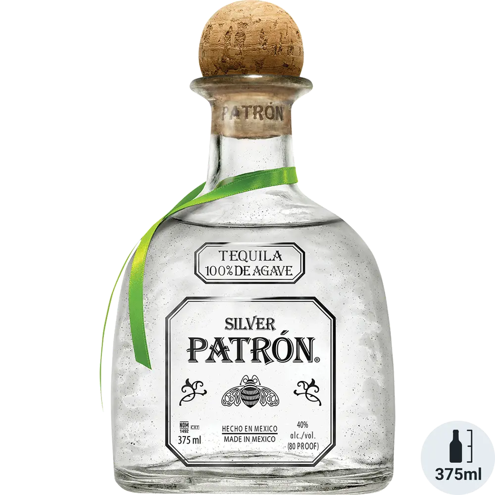 Patron Silver tequila bottle with cork stopper on a white background