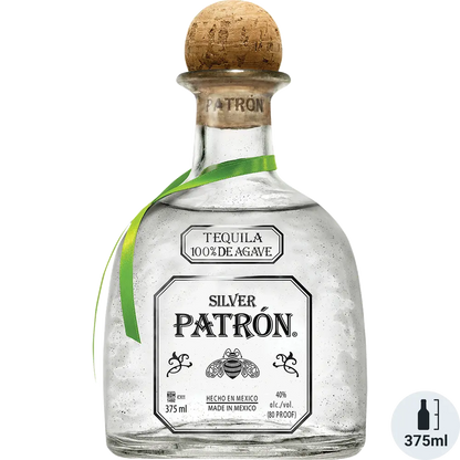 Patron Silver tequila bottle with cork stopper on a white background
