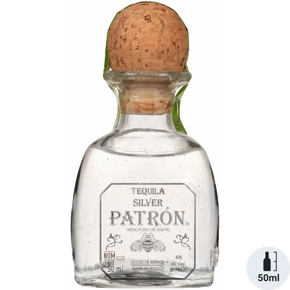 Patron Silver tequila bottle with cork stopper on a white background