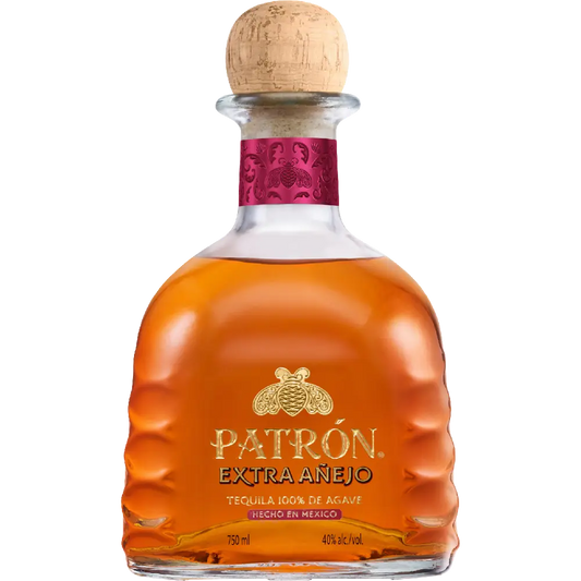 Patrón Extra Añejo tequila bottle with cork stopper on a white background