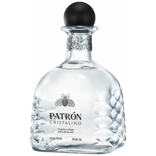 Patrón Cristalino tequila bottle on a white background