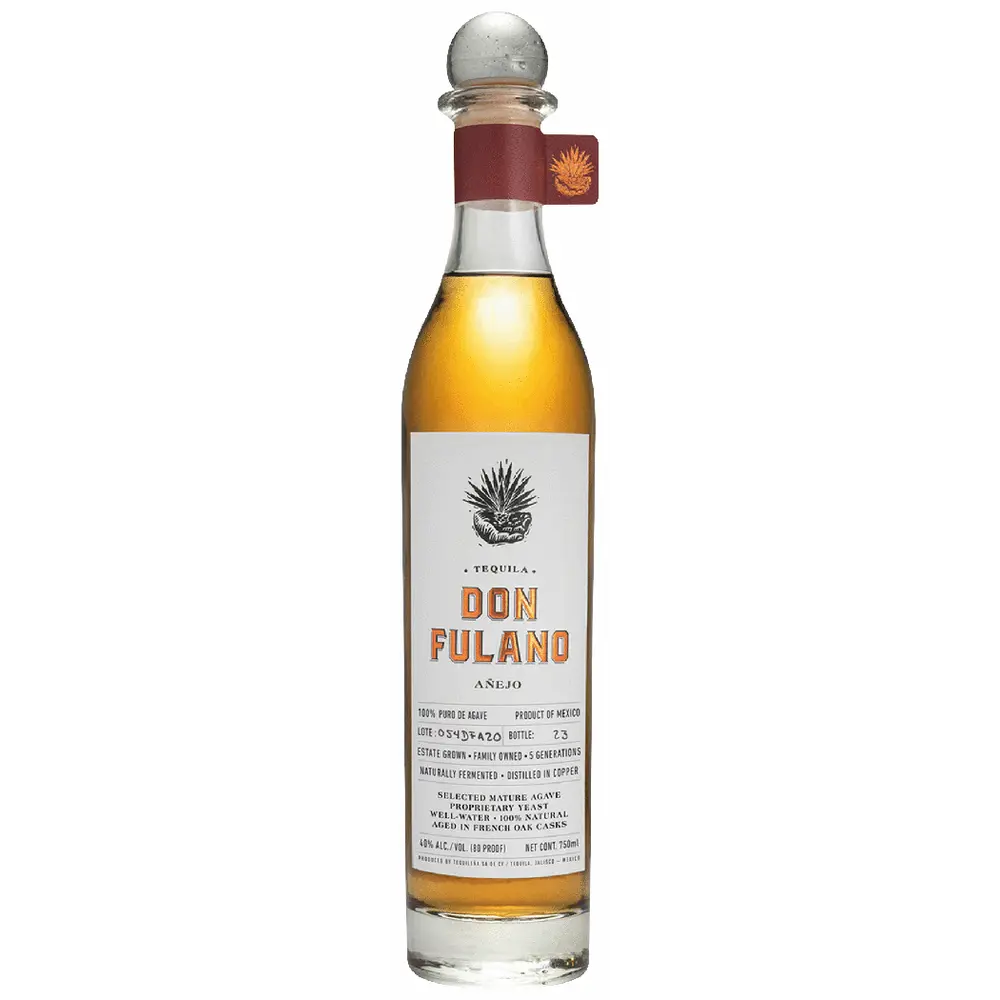 Bottle of Don Fulano tequila on a white background