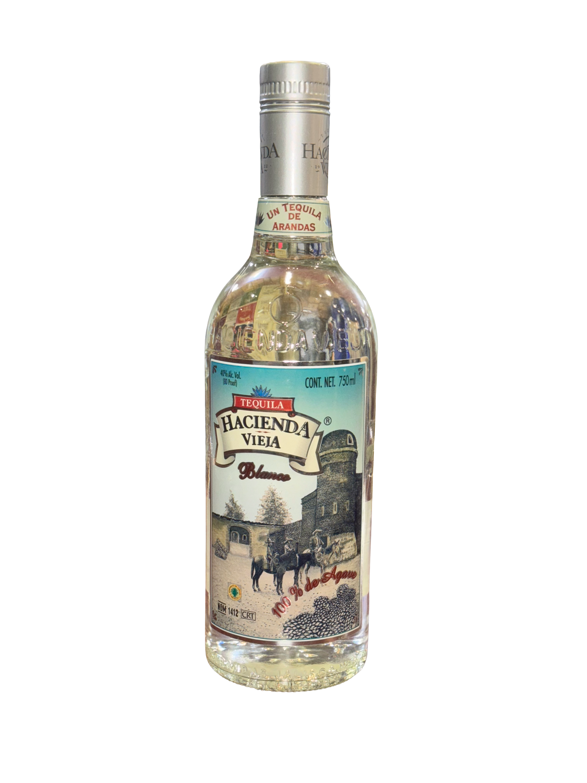 Tequila bottle labeled 'Hacienda Vieja' on a white background