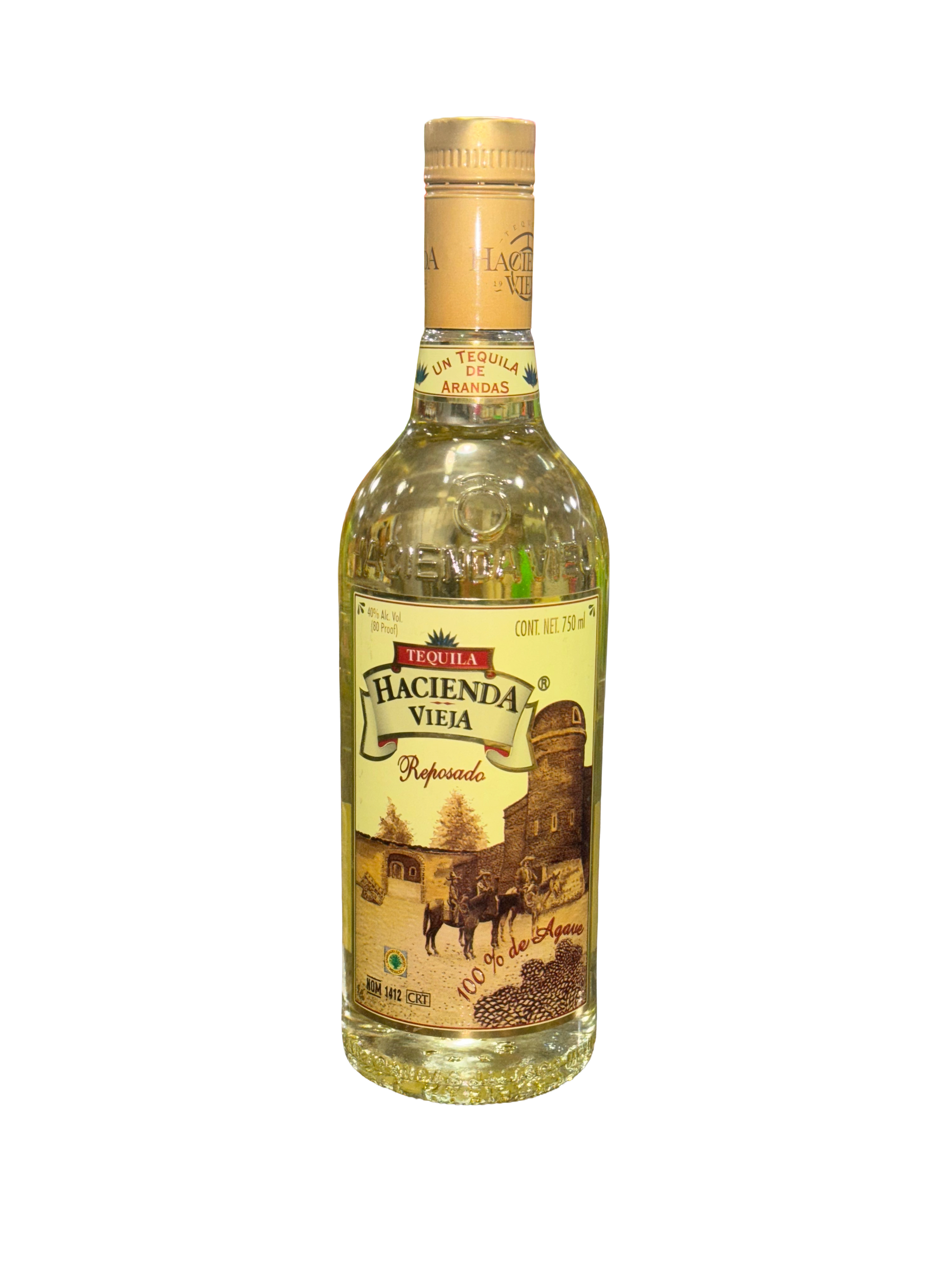 Tequila bottle labeled 'Hacienda Vieja' on a white background
