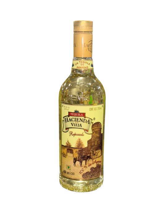 Tequila bottle labeled 'Hacienda Vieja' on a white background
