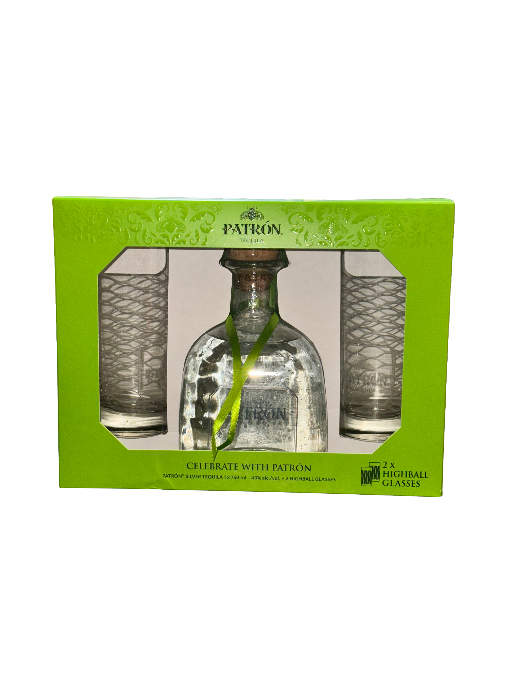 Patron tequila bottle with two glasses in a green box on a white background