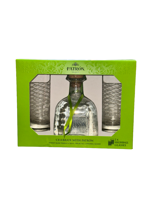 Patron tequila bottle with two glasses in a green box on a white background