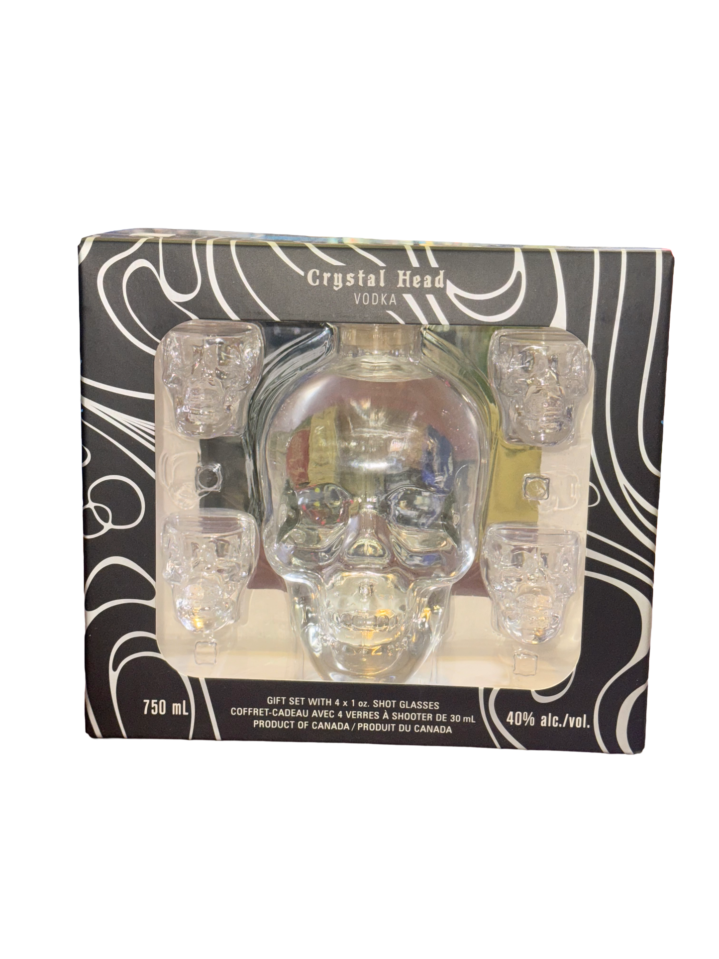 Crystal Head Vodka gift set with four shot glasses in packaging