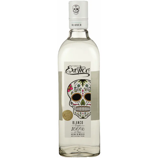 Bottle of Exotico Blanco tequila with a colorful skull design on the label against a white background.