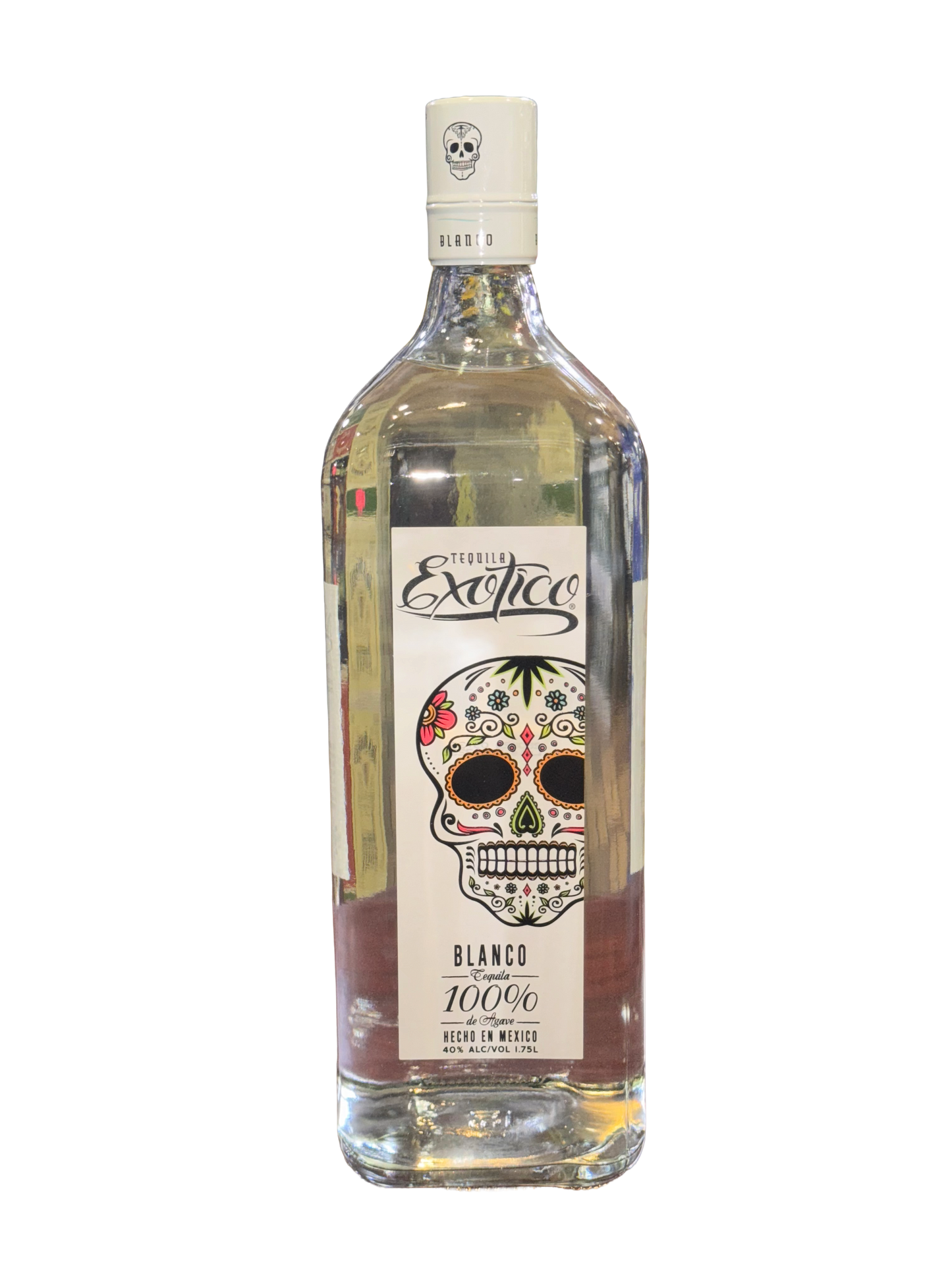 Bottle of Exotics Blanco tequila with a colorful skull design on the label.