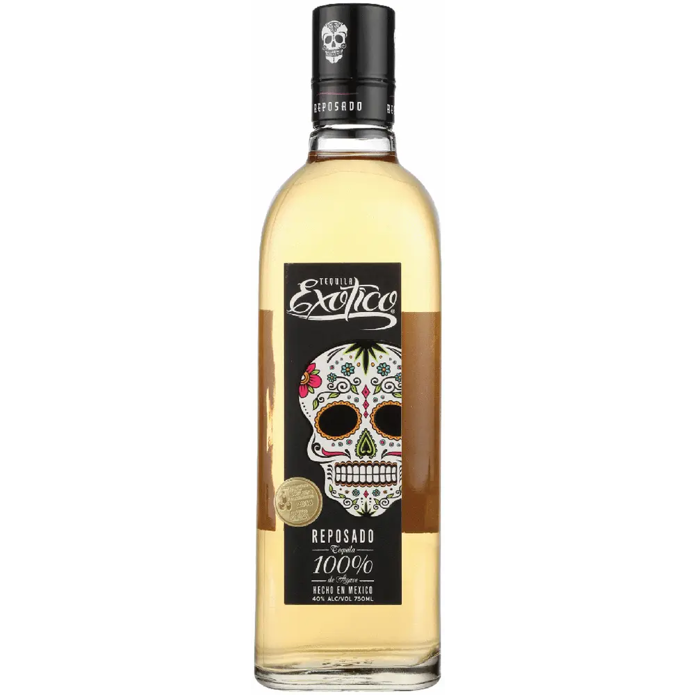 Bottle of Exquise Exotico Reposado tequila with a colorful skull design on the label.