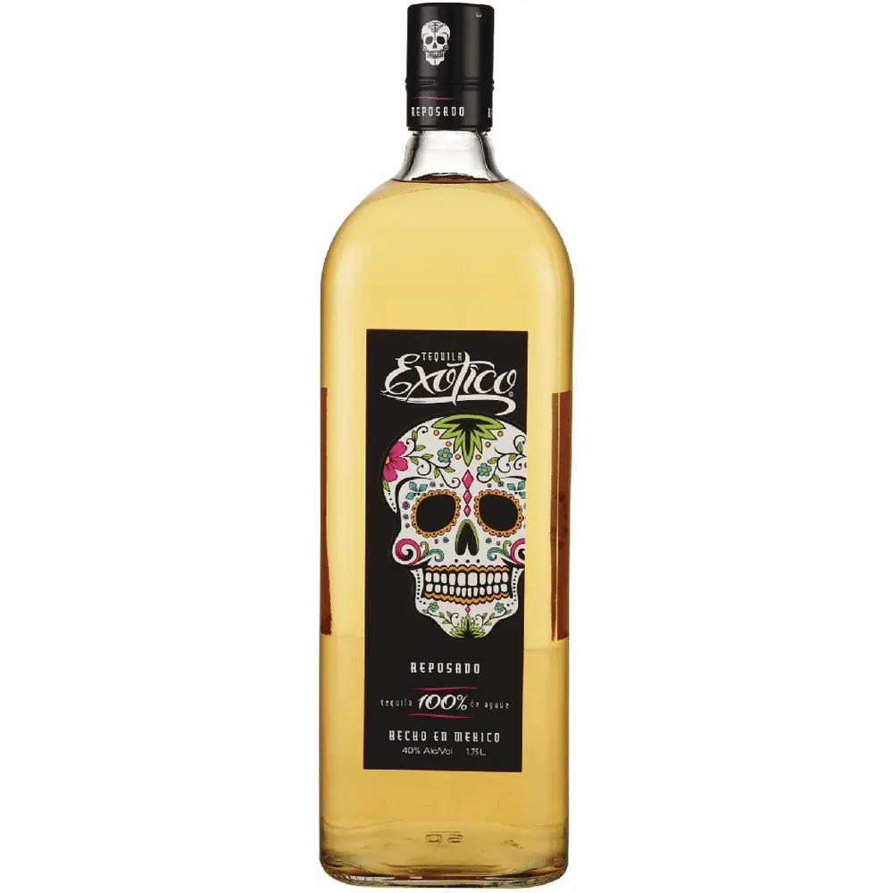 Bottle of Exotico tequila with a colorful skull design on the label against a white background