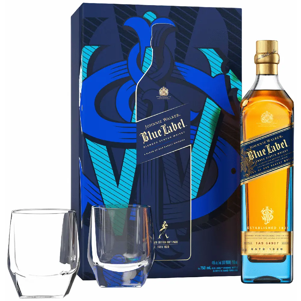 Johnnie Walker Blue Blended Scotch w/ 2 glasses