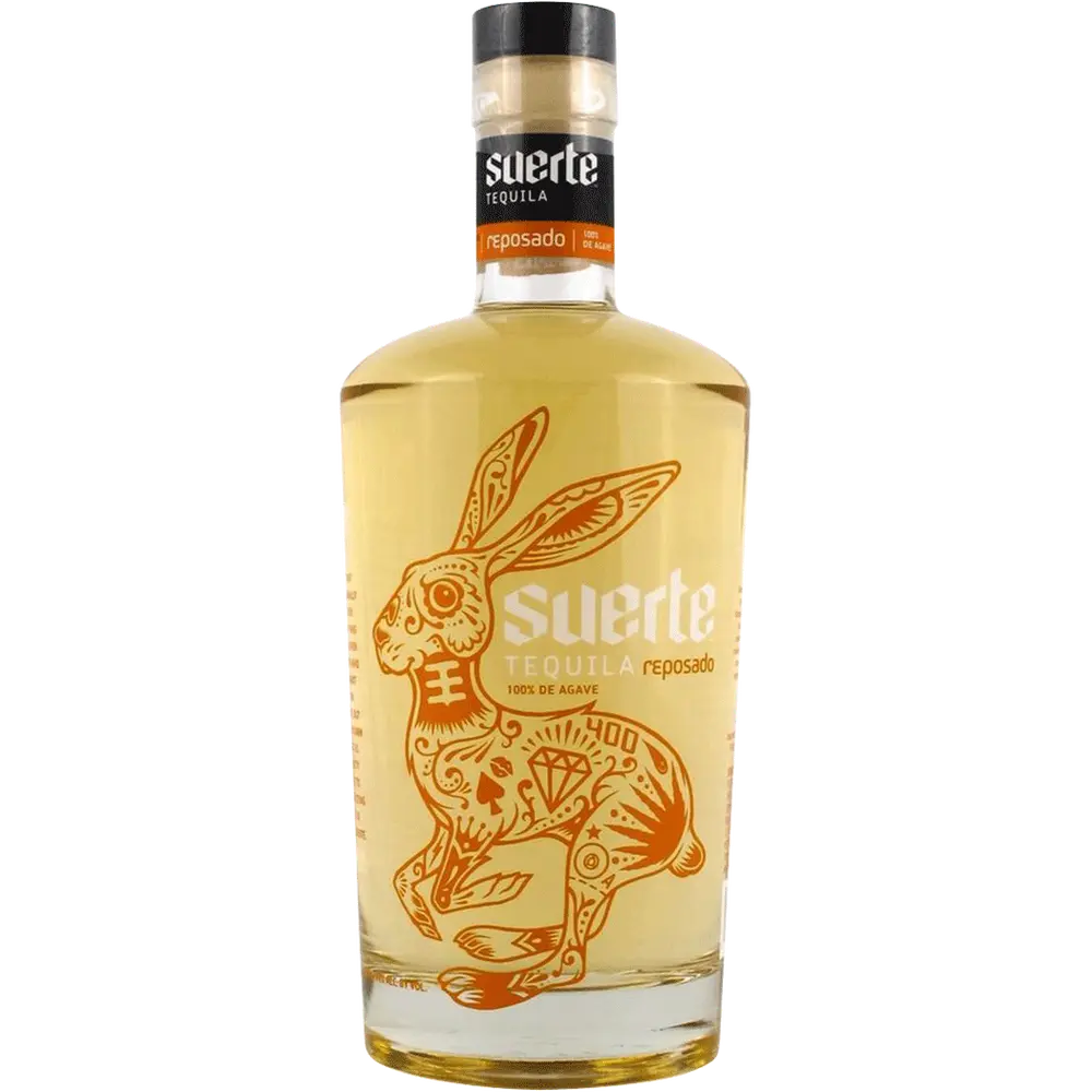 Suerte Tequila Reposado bottle with rabbit illustration on a white background