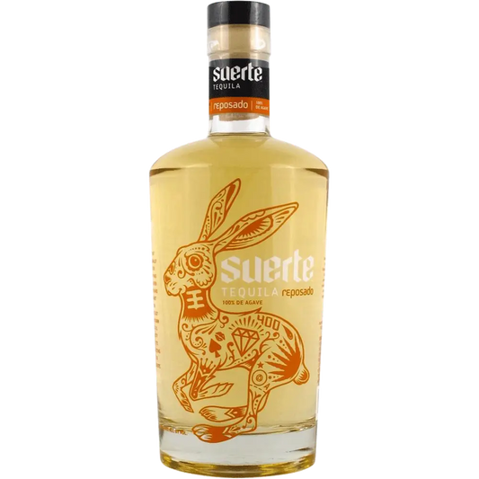Suerte Tequila Reposado bottle with rabbit illustration on a white background